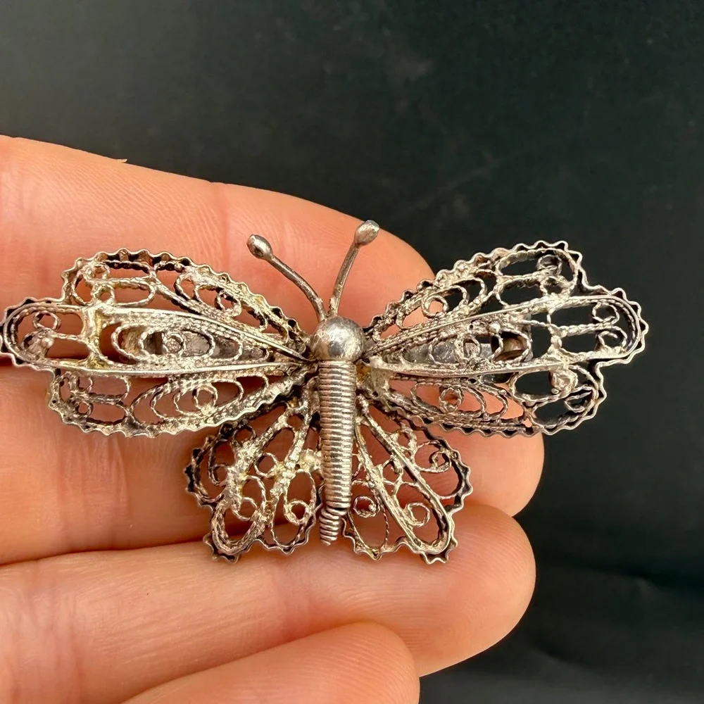 Vintage Butterfly Brooch Spun Silver Filigree Open Work Design